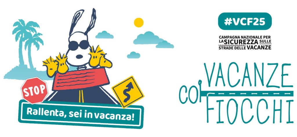 Snoopy in autostrada e cartello stop che inviata a rallentare la velocità come slogan della campagna